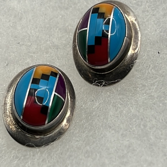SOUTHWESTERN MULTI STONE INLAY STERLING SILVER POST EARRINGS - Picture 2 of 7